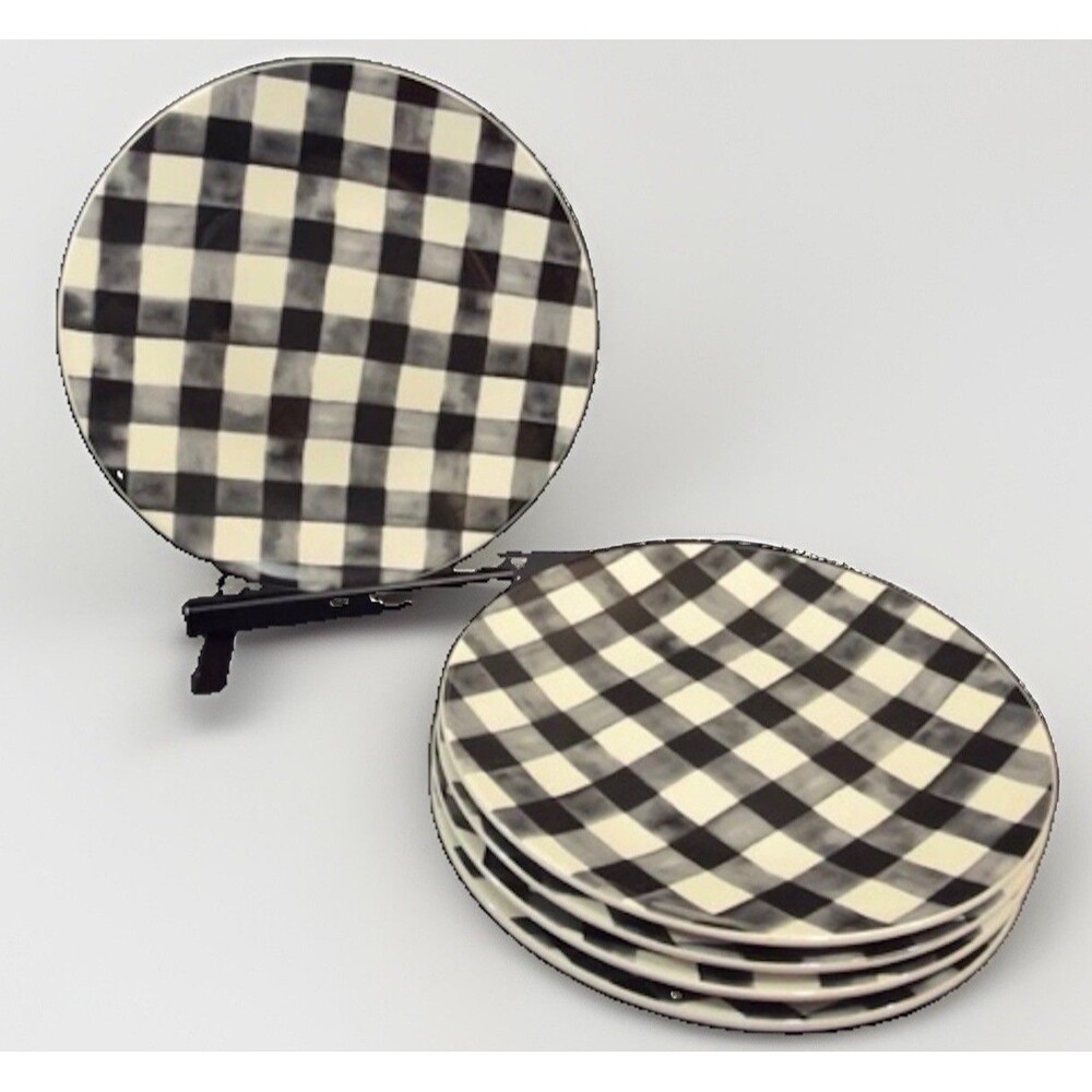 Set of 5 Kirkland's Brushed Buffalo Plaid Dinner Plates 11" Black White Check